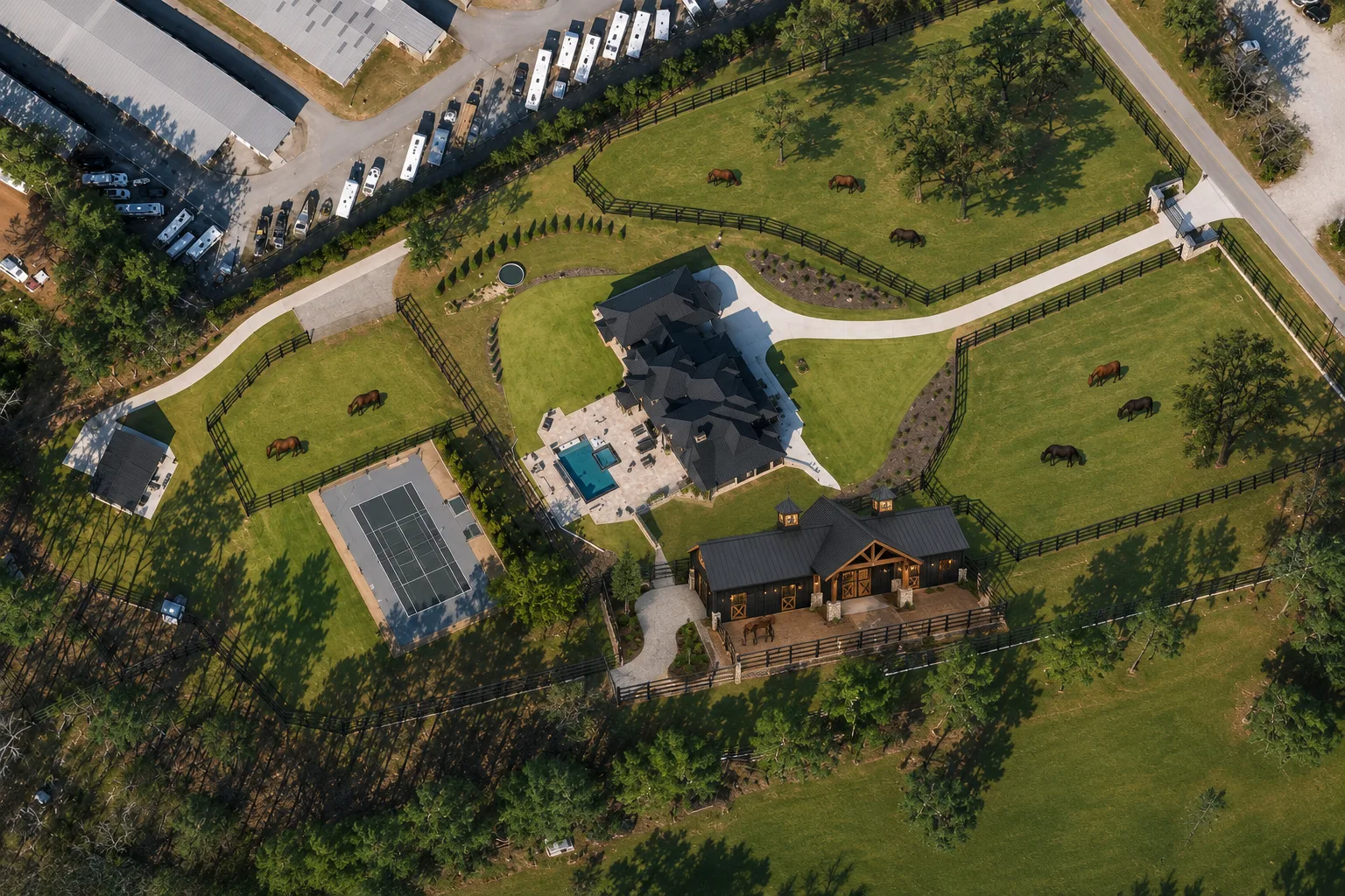 Aerial view of the Horse Boarding Georgia farm in Buford GA showing the barn, board-fenced pastures, and horses on turnout